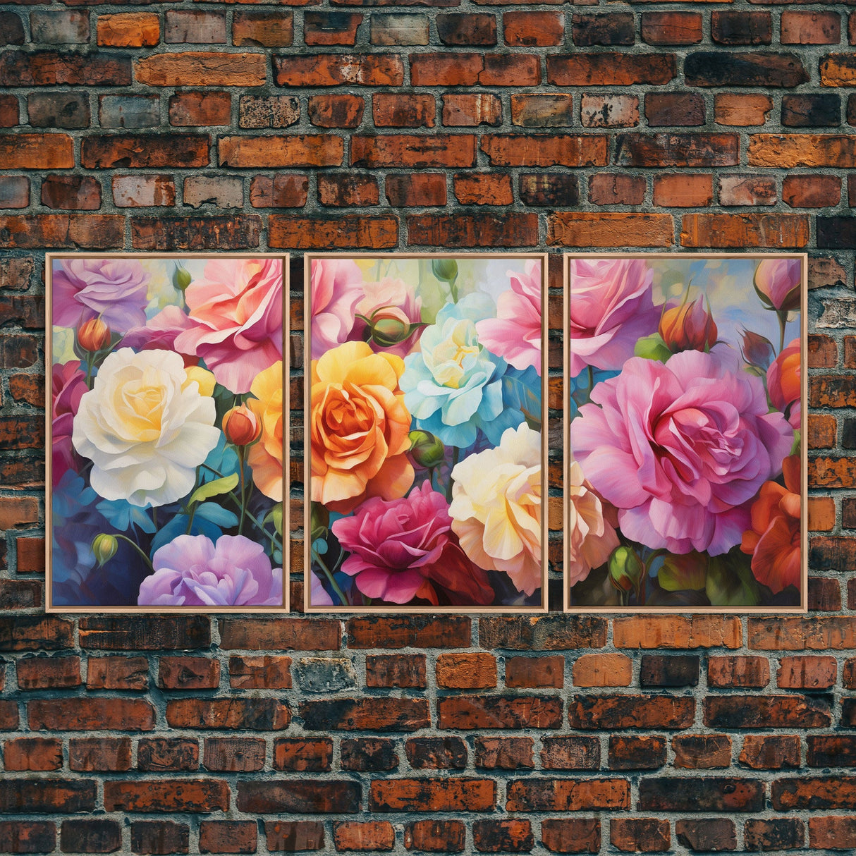 Beautiful Rose Art, Framed Canvas Print, Floral Art, Botanical  Decor, Blue and Yellow Roses, 3 Piece Art Set