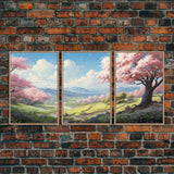 Cherry Blossom Art, Landscape Print, Mountain Wall Art, Canvas Print, Set Of 3 Prints, Wall Art, 3 Piece Wall Art, Country Home Decor