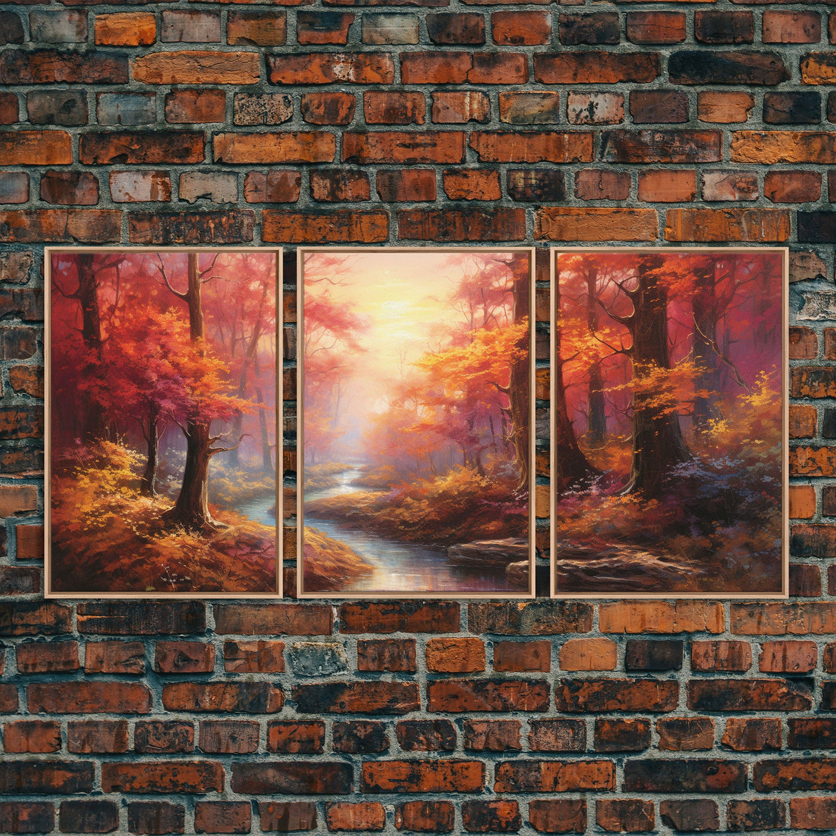 Beautiful Fall Centerpiece Art, Framed Canvas Print, 3 Piece Art, Thanksgiving Centerpiece, Above Sofa Art, Fall Finds, Landscape Painting