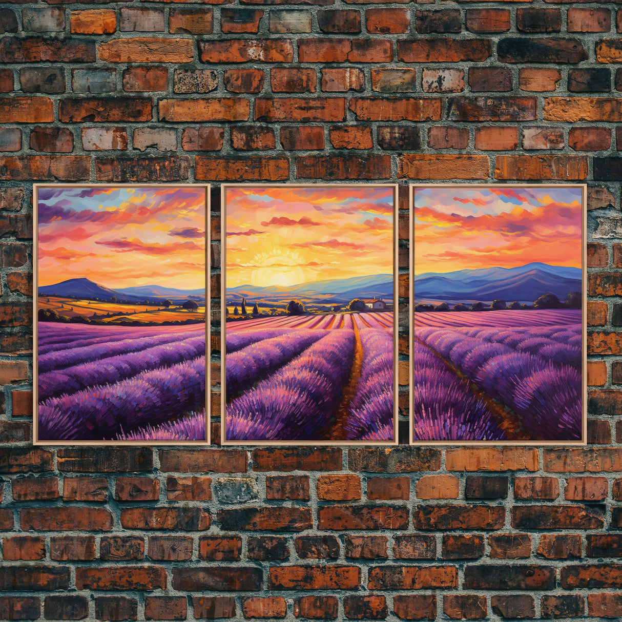 Purple Lavender Fields, 3 Piece Wall Art, Framed Canvas Print, Beautiful Original Landscape Painting, Sunset Painting, Farmhouse Decor