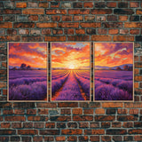 Purple Lavender Fields, 3 Piece Wall Art, Framed Canvas Print, Beautiful Original Landscape Painting, Sunset Painting, Farmhouse Decor