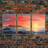 Sunset Wall Art, Light House Decor, Ocean Art Print, Canvas Print, Wall Art, 3 Piece Wall Art, Nautical Print, Seascape Art Print, Cozy Gift