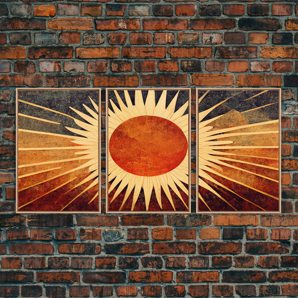 Abstract Midcentury Modern Sunburst, Art Deco Style art, sun with rays, sun burst, boho style, 3 Piece Wall Art, Ready To Hang Canvas Print