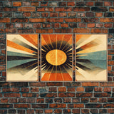 Abstract Midcentury Modern Sunburst, Art Deco Style art, sun with rays, sun burst, boho style, 3 Piece Wall Art, Ready To Hang Canvas Print