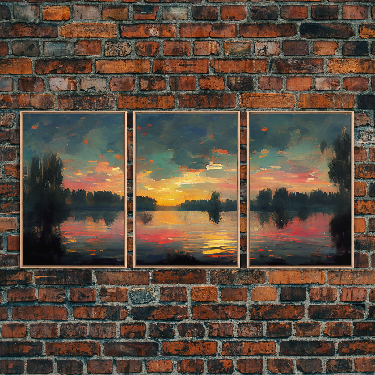 Lakehouse Canvas Print, watercolor painting of a sunset reflected on a lake, 3 Piece Wall Art, Ready To Hang Canvas Print