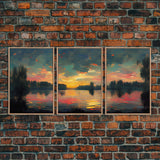 Lakehouse Canvas Print, watercolor painting of a sunset reflected on a lake, 3 Piece Wall Art, Ready To Hang Canvas Print