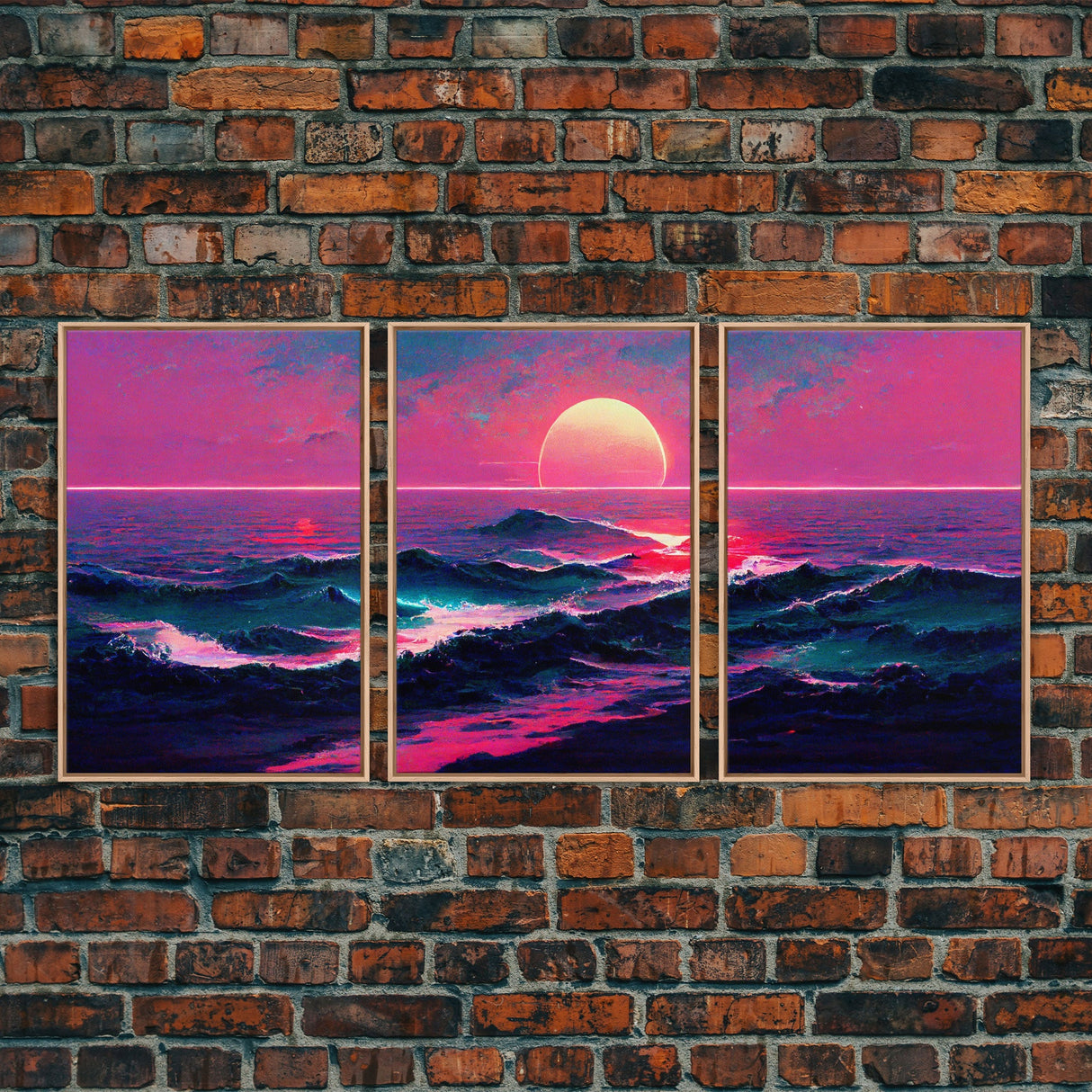 Outrun Style Synthwave Sunset Ocean Waves, 3 Piece Wall Art, Ready To Hang Canvas Print, Cool Unique Lakehouse Wall Art Decor