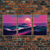 Outrun Style Synthwave Sunset Ocean Waves, 3 Piece Wall Art, Ready To Hang Canvas Print, Cool Unique Lakehouse Wall Art Decor