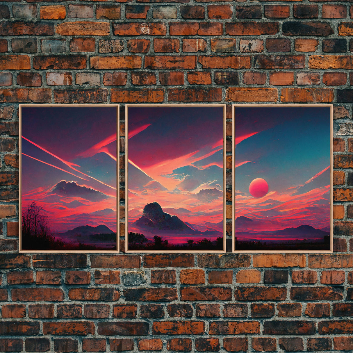 Outrun Style Sunset Over The Mountains, 3 Piece Wall Art, Ready To Hang Canvas Print, Cool Unique Living Room Wall Art Decor