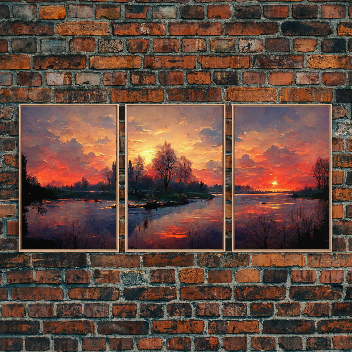 Forest Sunset Wall Decor, Oil Painting Style, 3 Piece Wall Art, Ready To Hang Canvas Print, Cool Unique Living Room Wall Art Decor