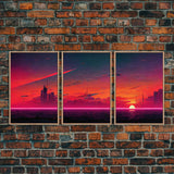 Cyber punk City At Sunset, Outrun, 3 Piece Wall Art, Ready To Hang Canvas Print, Cool Unique Mancave wall Art Decor