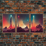 Art Deco Scifi Art, Science Fiction Space Ships, 3 Piece Wall Art, Ready To Hang Canvas Print, Cool Unique Mancave wall Art Decor