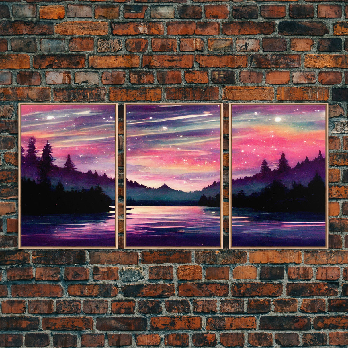 Starry Night Magical Forest Fantasy Landscape, 3 Piece Wall Art, Ready To Hang Canvas Print, Cool Living Room Wall Art Decor