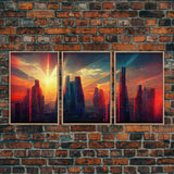 Cyberpunk City At Sunset, Futuristic, 3 Piece Wall Art, Ready To Hang Canvas Print, Cool Living Room Wall Art Decor