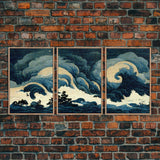 Retro Japanese Style Wave Art, A Storm Torrent, 3 Piece Wall Art, Ready To Hang Canvas Print