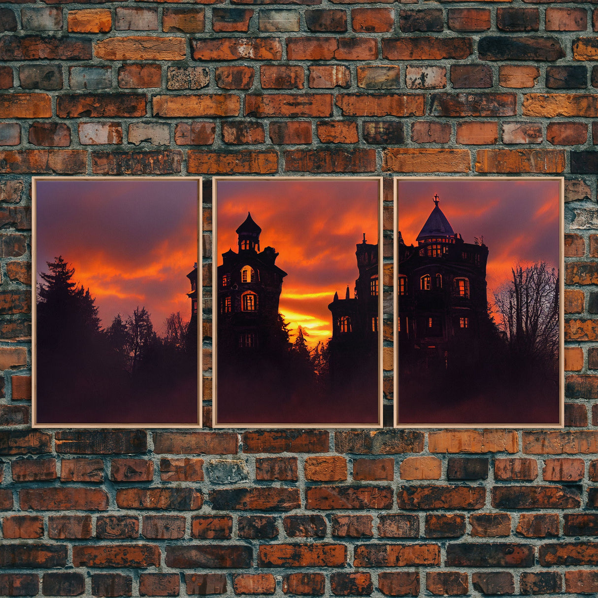 3 Piece Canvas Wall Decor, Ready To Hang Canvas Prints, Victorian Style Haunted House, Spooky Halloween Wall Art Decor