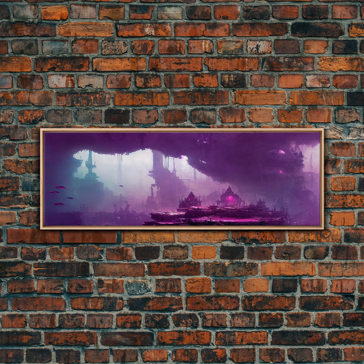 Panoramic Fantasy Underwater City, Purple Art, Extra Large Wall Art, Framed Panoramic Canvas Print, Framed Wall Decor