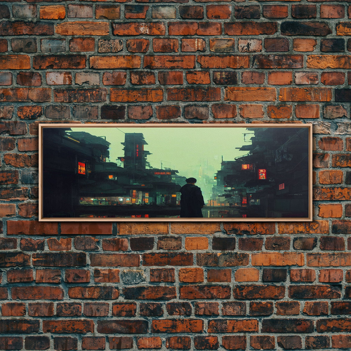 80s style Cyberpunk Japanese City, Retro Punk Tokyo, Framed Canvas Print, Framed Wall Art, Large Panoramic Wall Decor