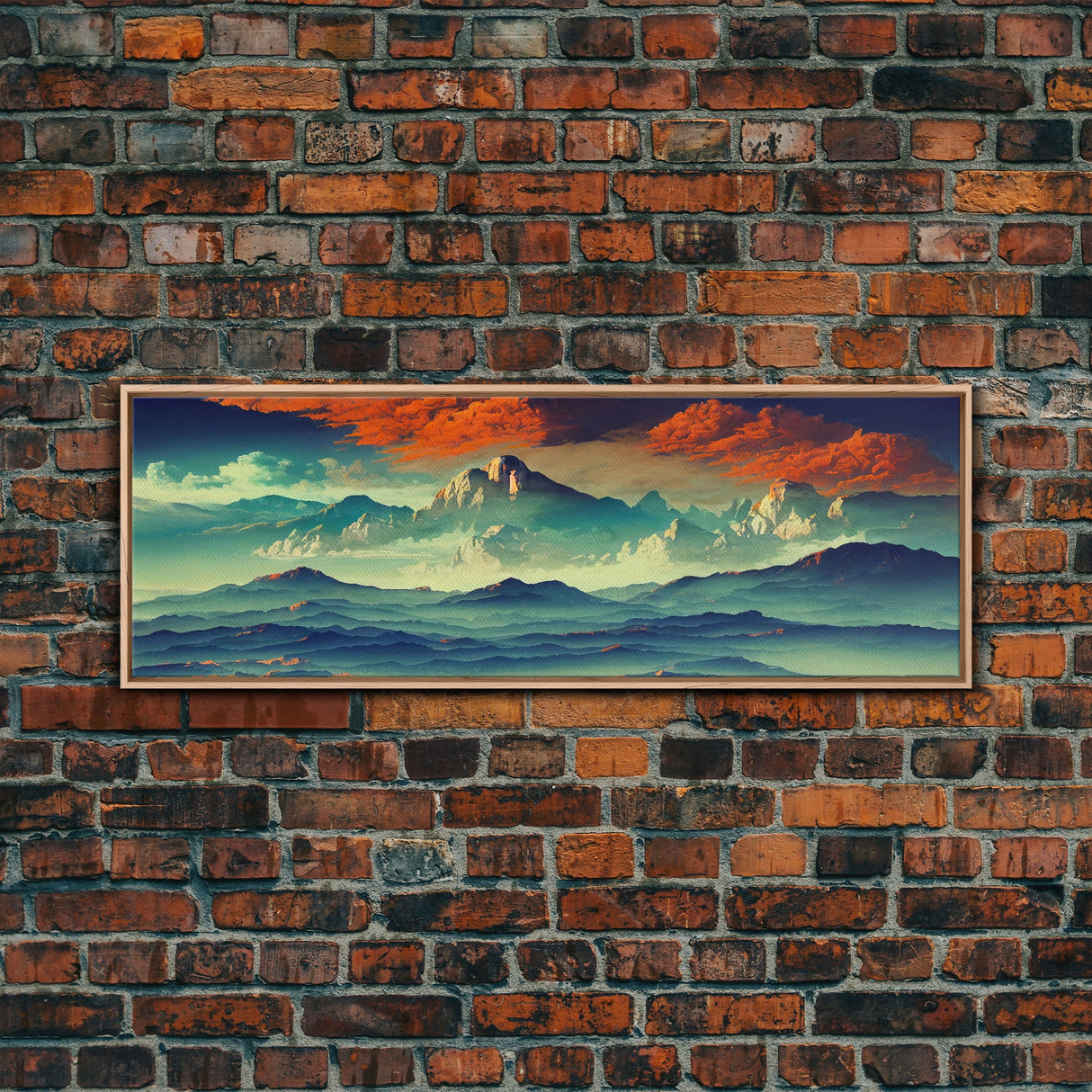 Beautiful Fantasy Mountain Landscape With Orange Clouds, Framed Canvas Print, Ready To Hang Panoramic Wall Decorr