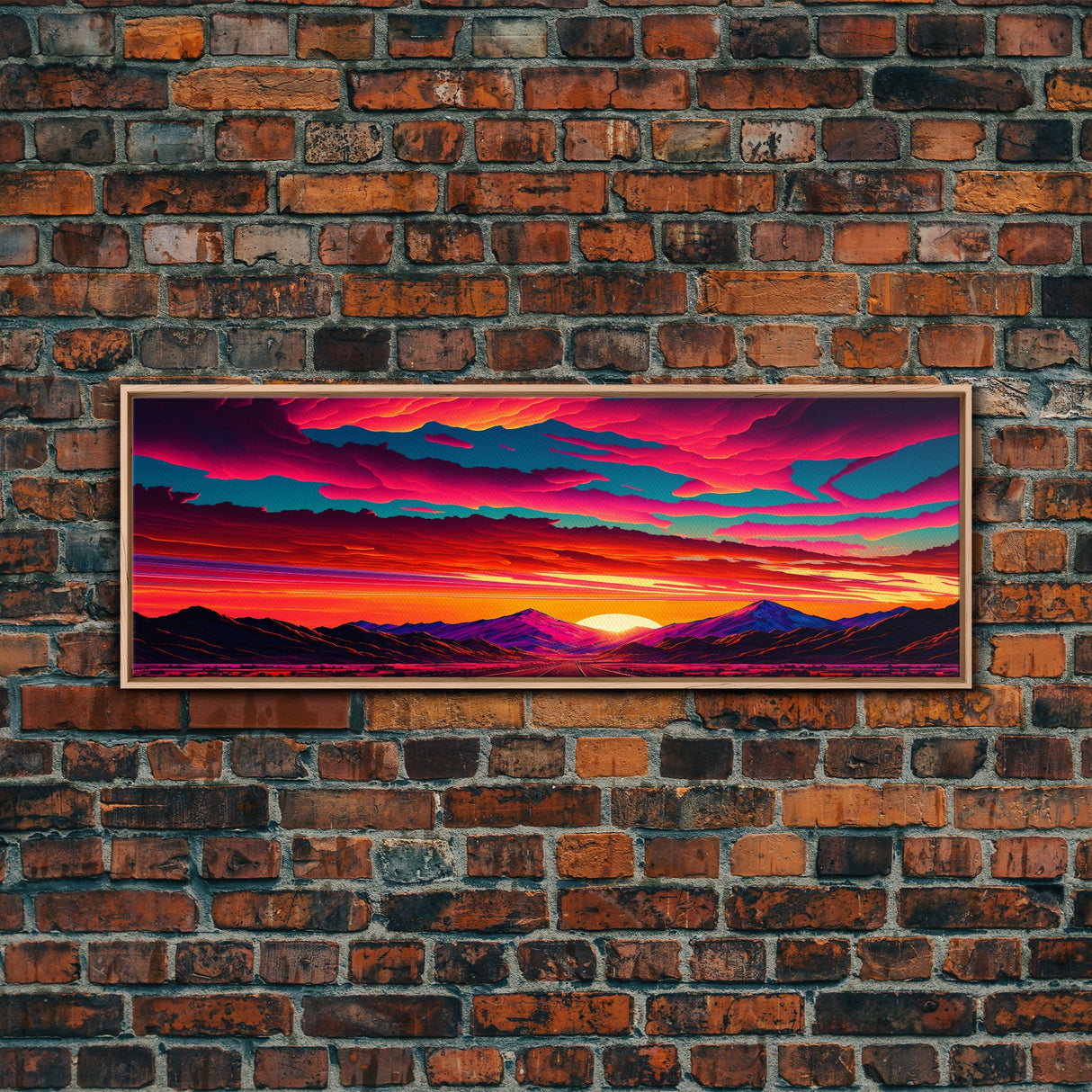 Panoramic Framed Canvas Print | Desert Mountain Landscape Synthwave Sunset | Living Room, Bedroom, Dining Room, Office