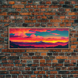 Panoramic Framed Canvas for Living Room, Bedroom - Synthwave Mountain Landscape Painting, Beautiful Landscape Art Print