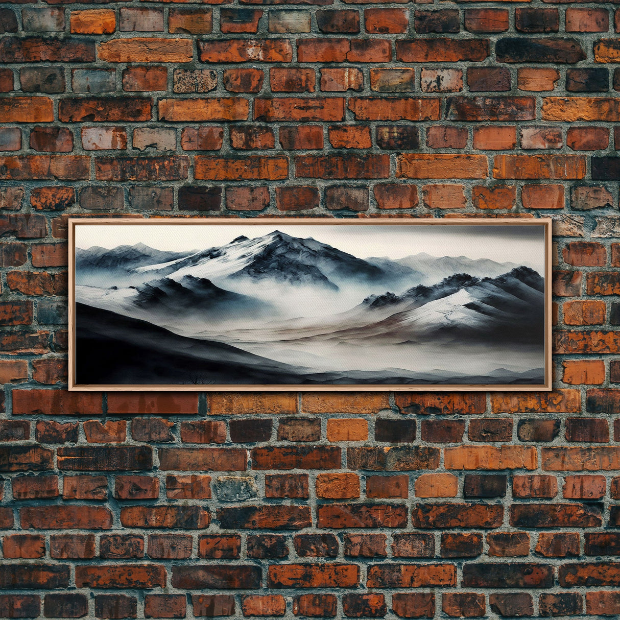 Panoramic Framed Canvas Print of Watercolor Snowy Mountain Lake Reflection Landscape Painting, Unique Landscape Wall Art