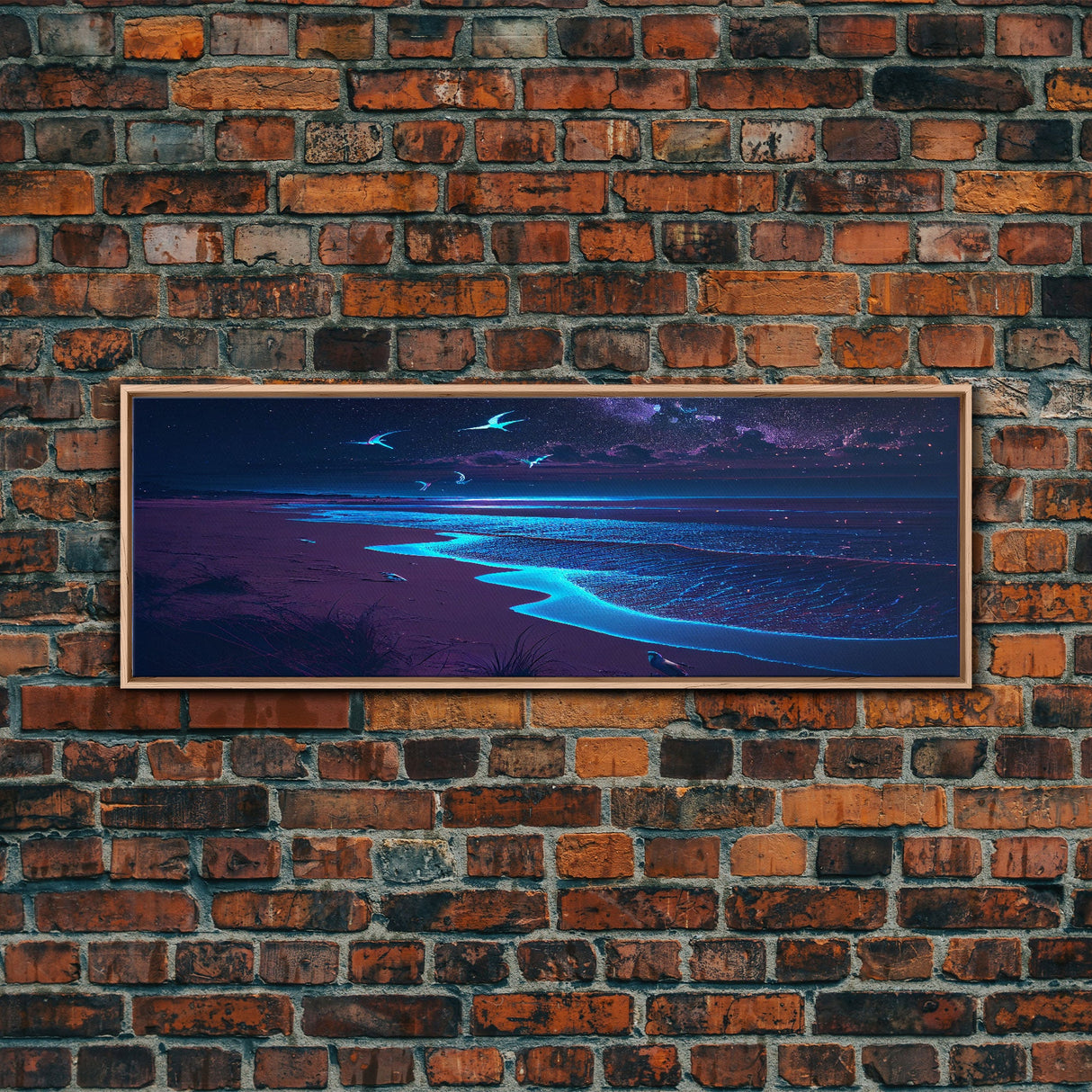 Night Moves, Retro Synthwave Beach Art, Framed Canvas Print, Starry night sky over the pacific ocean