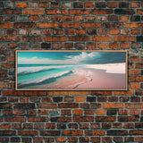 Panoramic Framed Canvas Print of Watercolor Beach Sunset Landscape Painting, Blue Ocean Waves, Tranquil Art, Peaceful Art