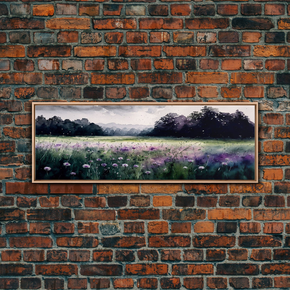 Panoramic Framed Canvas Print - Watercolor Purple Flower Field Landscape - Perfect for Living Room, Bedroom, Office, Guest Room Art