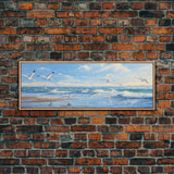 Blue Beach, Ocean Waves & Seagulls Panoramic Framed Canvas Print - Perfect for Living Room, Bedroom, Office Decor