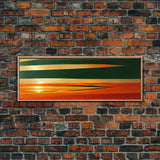 Art Deco Wall Art, Framed Canvas Print, Emerald Green and Gold Palm Tree Leaves and Sunset, Panoramic Ultrawide Art, Large Format Wall Decor