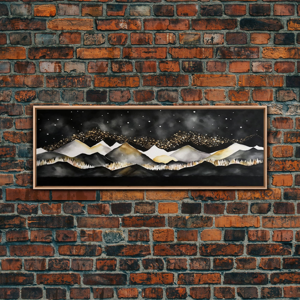 Black & Gold Mountain Landscape Painting, Framed Canvas Print, Panoramic Art, Extra Wide Art, Center Piece Decor, Above Fireplace or Sofa