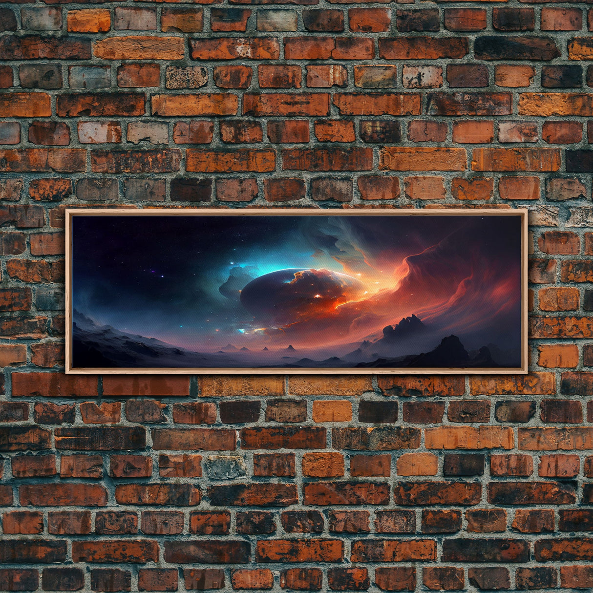 Beautiful Science Fiction Wall Art, Synthwave Style Scifi Art, Framed Canvas Print, Panoramic Alien Worlds and Star Filled Night Sky