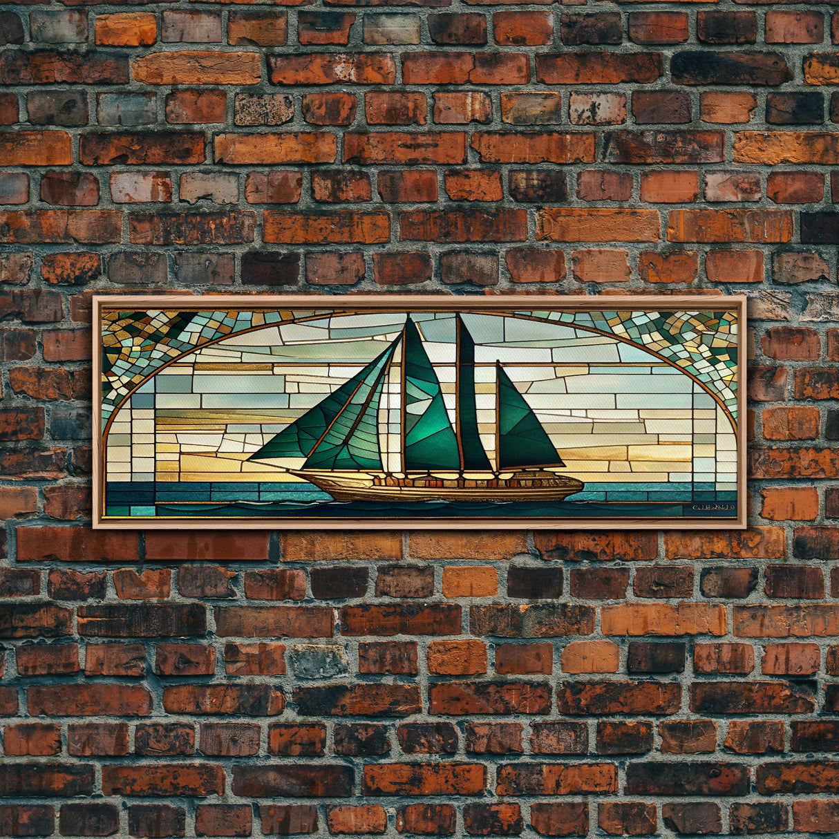 Panoramic Art Deco Sail Boat, Stained Glass, Early 20s Style Art, Roarin' 20s Art, Nautical Theme Framed Canvas Print, Extra Large Art