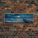 Panoramic Van Gogh Inspired Beach, Framed Canvas Print, Cool Painting, Full Moon Over Rolling Waves, Soothing Abstract Beach Decor