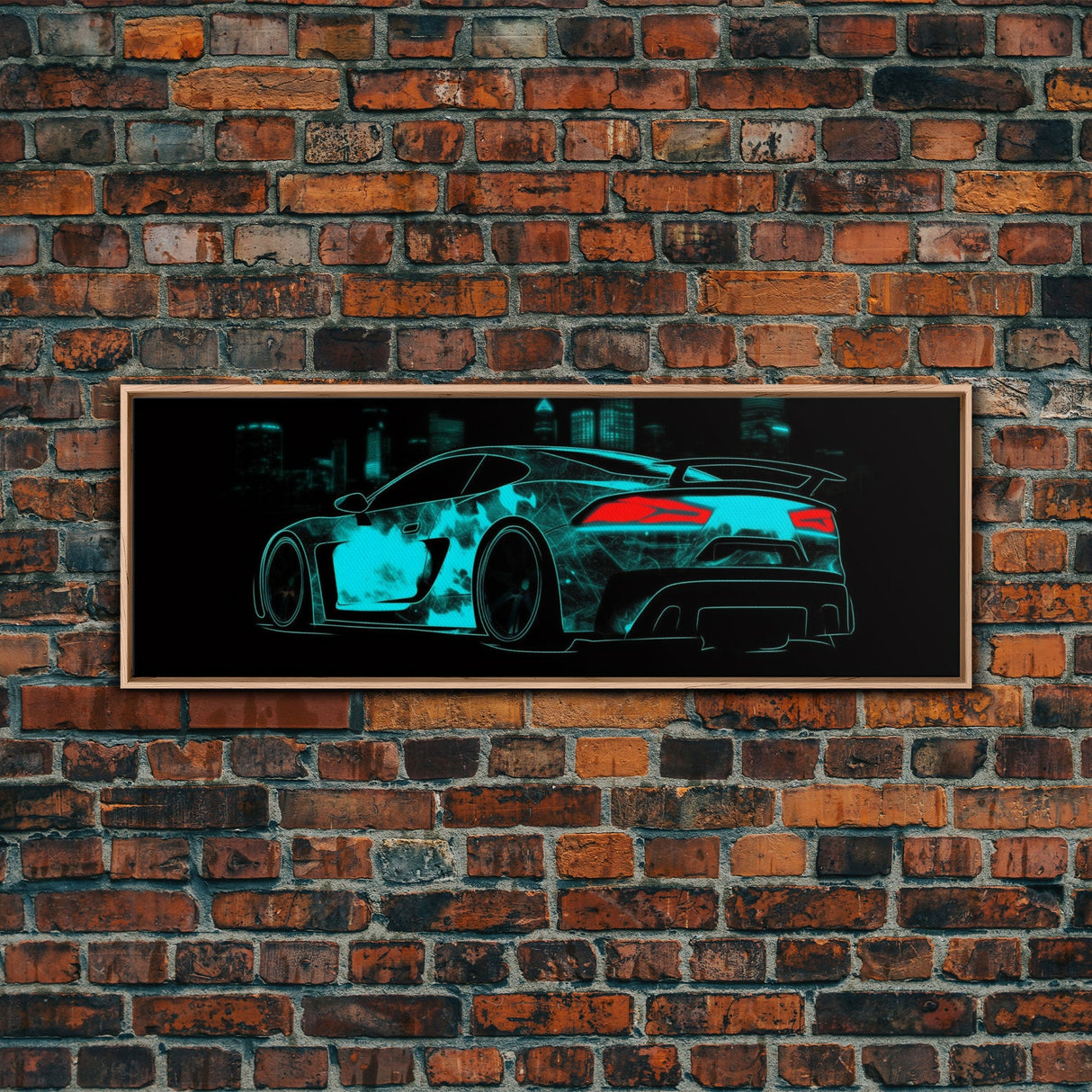 Teal Sports Car,  Abstract Urban Art, Cityscape Art, Dark Night Large Urban Art, City Skyline Wall Art, Panoramic, Wall Art, Canvas Print