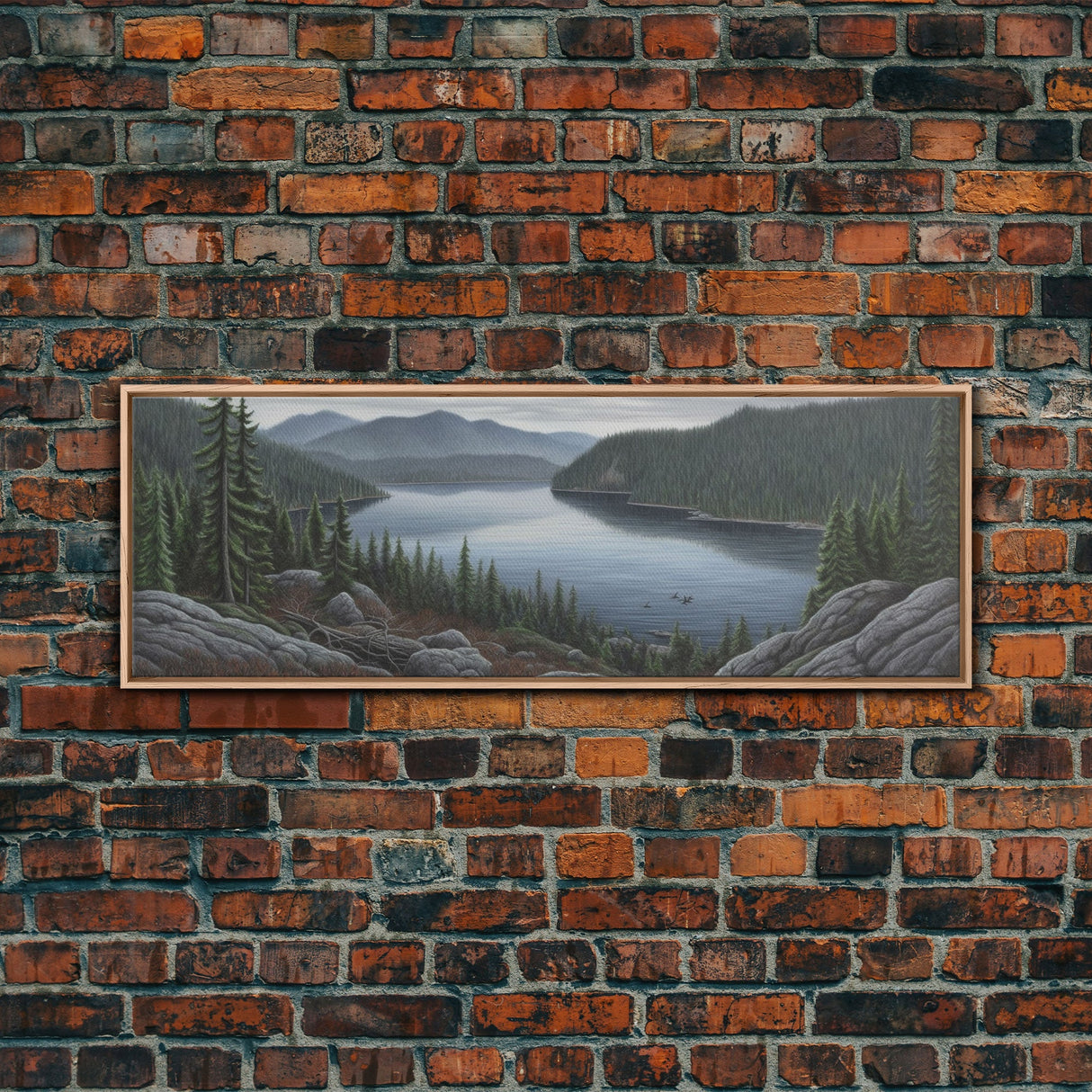 Lake Landscape Wall Art Print, Trees, Mountain, Reflection, Colored Pencil Large Canvas Art Print, Panoramic, Wall Art, Canvas Print