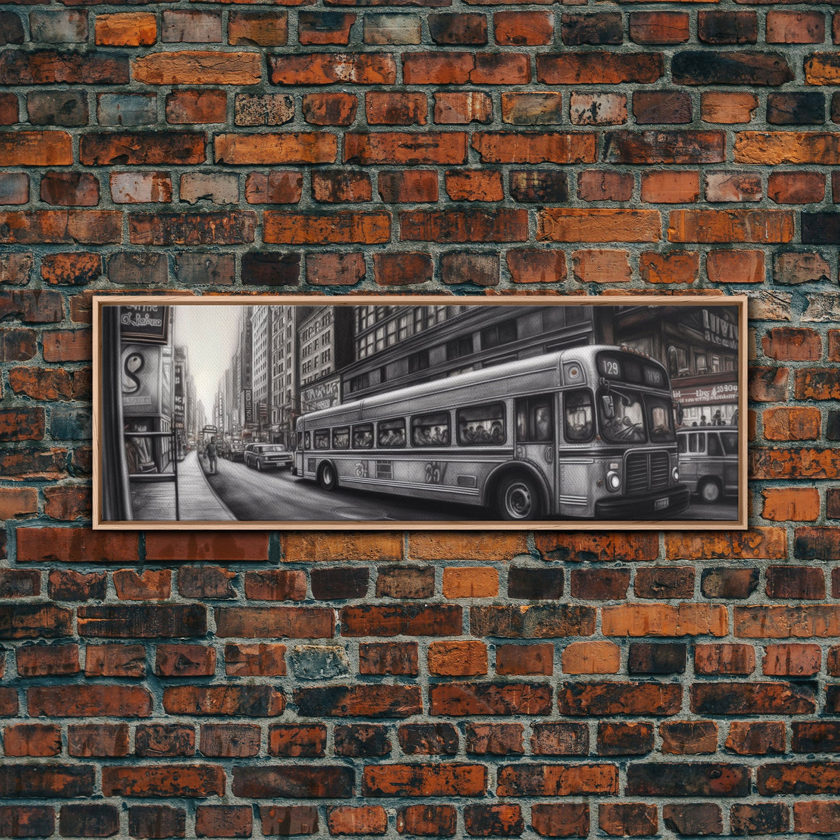 Detailed Street Pencil Sketch Canvas Print, City Wall Art, Bus, Cars, Traffic, Buildings, Urban Art Print, Panoramic, Wall Art, Canvas Print