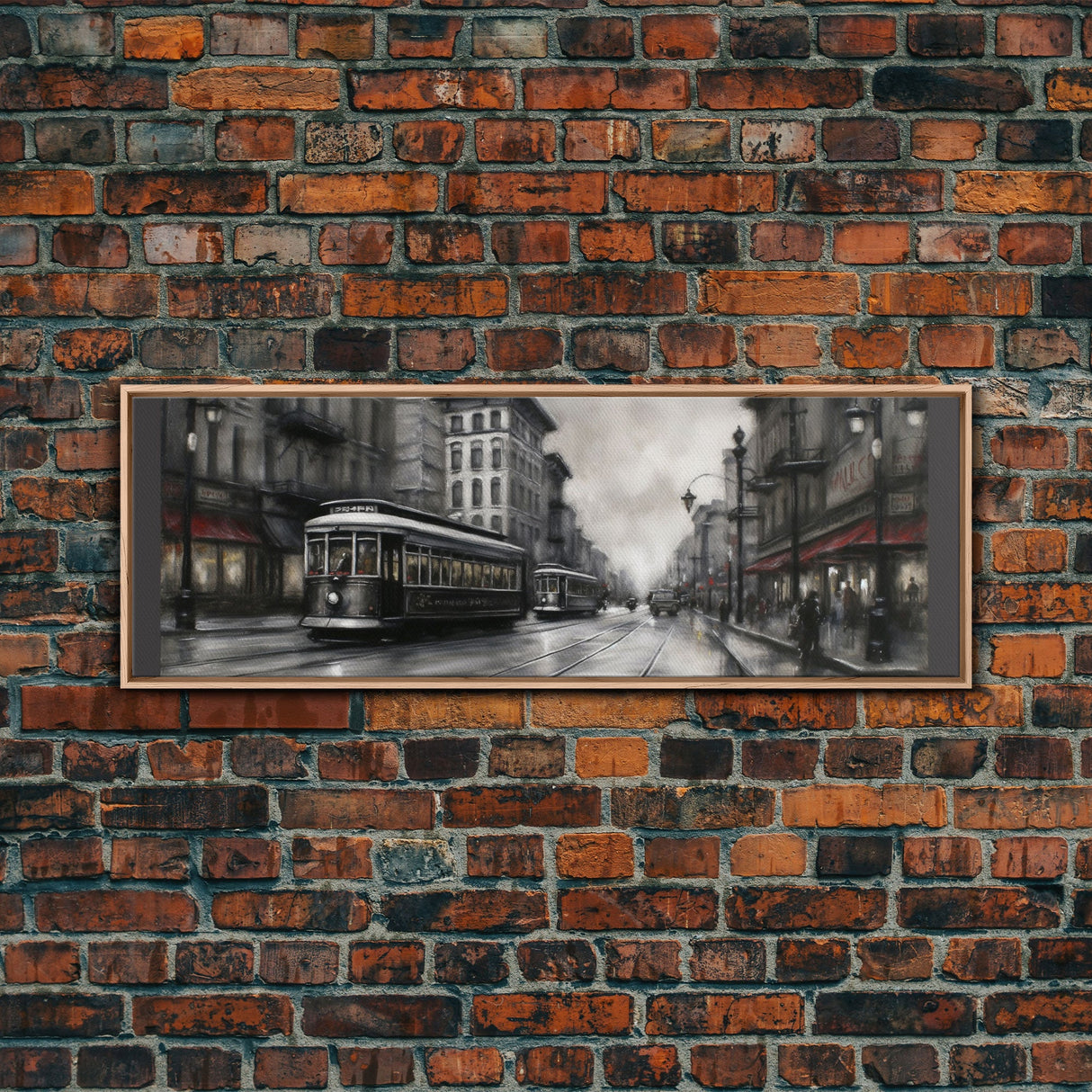 Streetcars In The City Canvas Print, Vintage Art, People On Sidewalk, City Art, Large Urban Art Print, Panoramic, Wall Art, Canvas Print