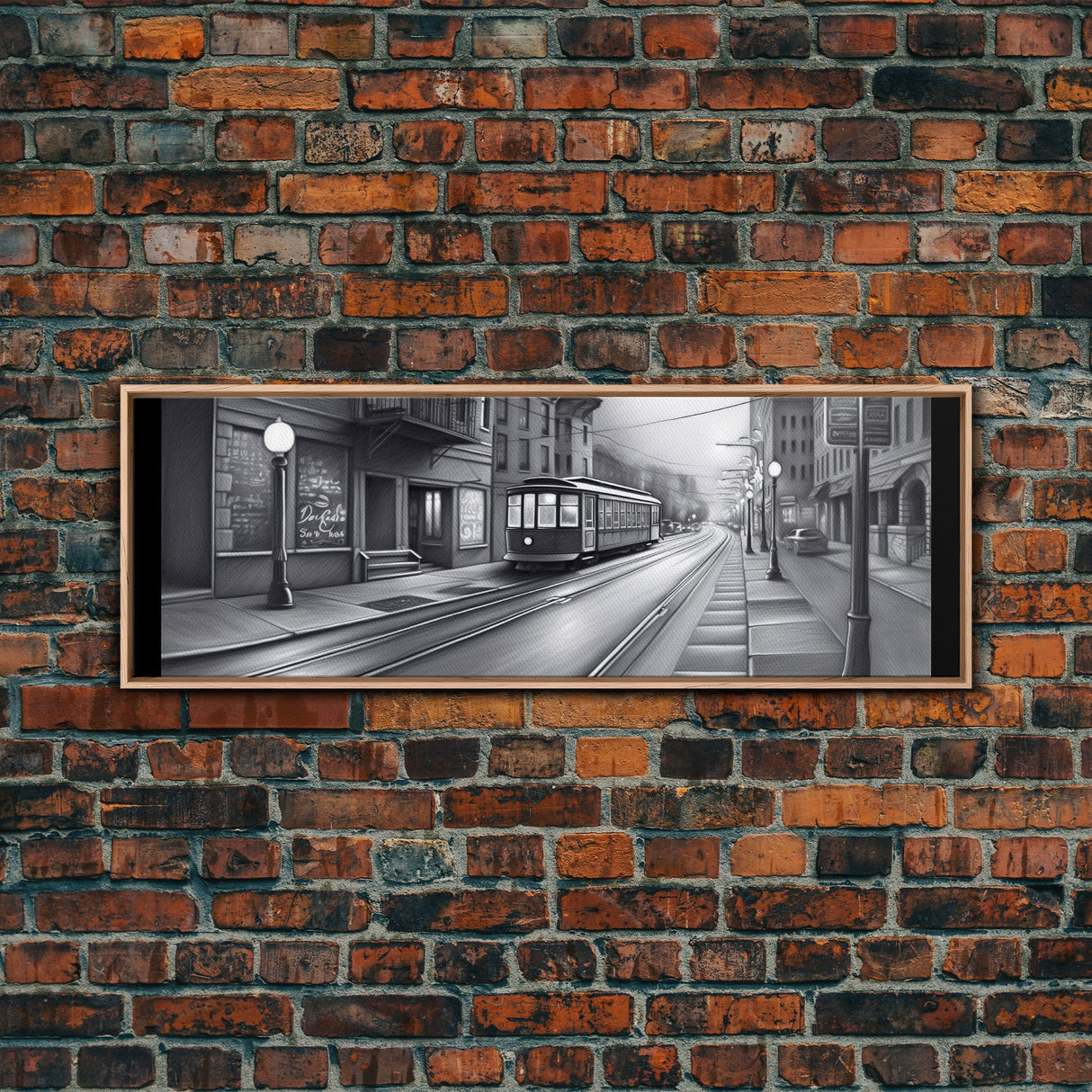 Monochromatic Tram Canvas Print, Pencil Sketch City Art, Wall Decor, Large Urban Art Print, Panoramic, Wall Art, Canvas Print