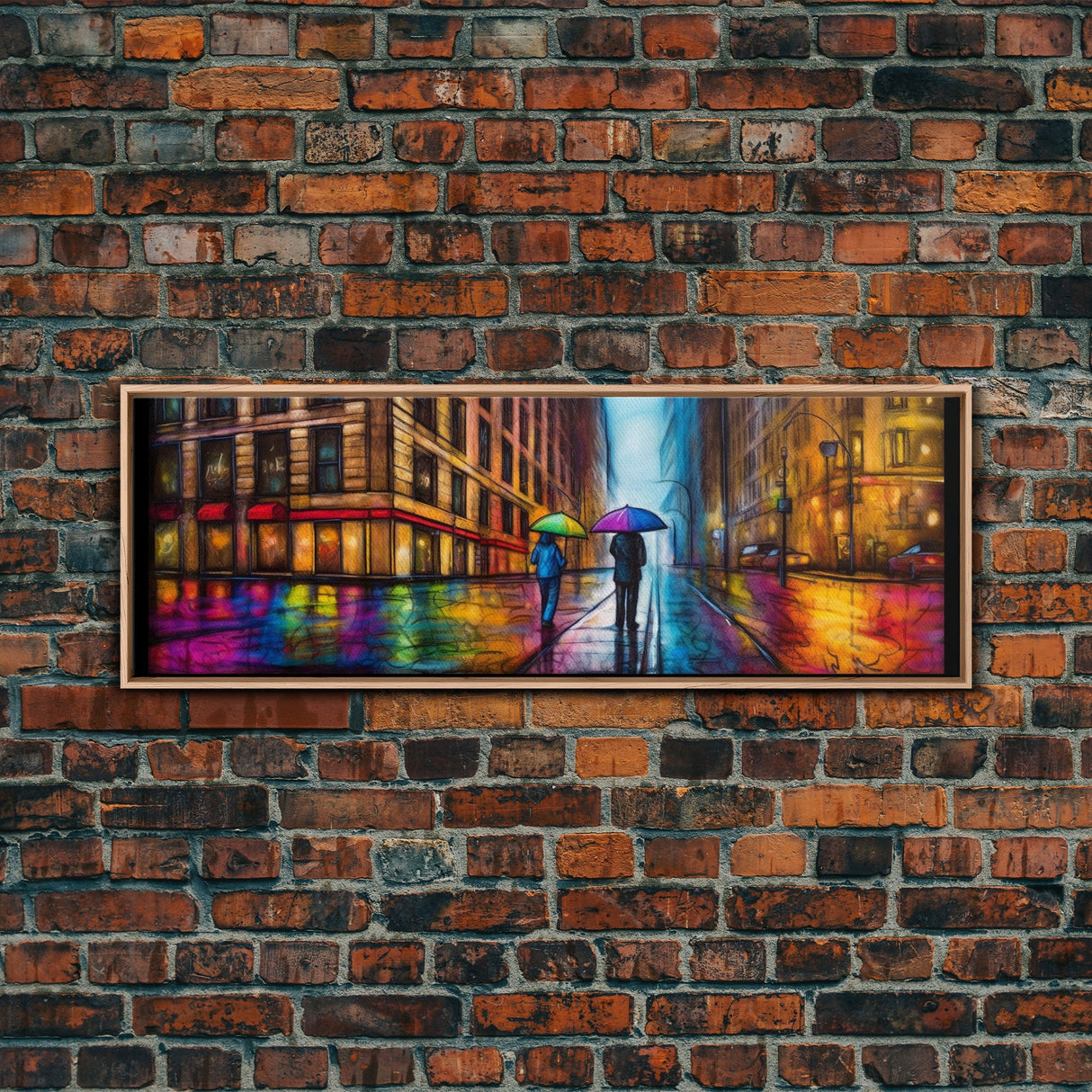 Colorful Umbrellas City Canvas Print, Large Urban Art Print, Two People Walking On Street, Vibrant Art, Panoramic, Wall Art, Canvas Print