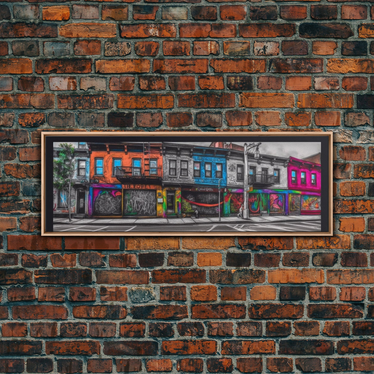 Run Down Row Of Buildings Canvas Print, Large Urban Art Print, Graffiti Street Art, Vibrant Art, Panoramic, Wall Art, Canvas Print