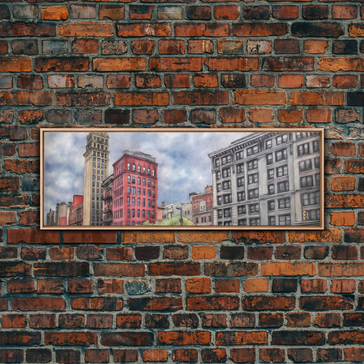 Colored Pencil City Canvas Print, Large Urban Art Print, Cityscape Art, Buildings, Red, Vibrant Art, Panoramic, Wall Art, Canvas Print