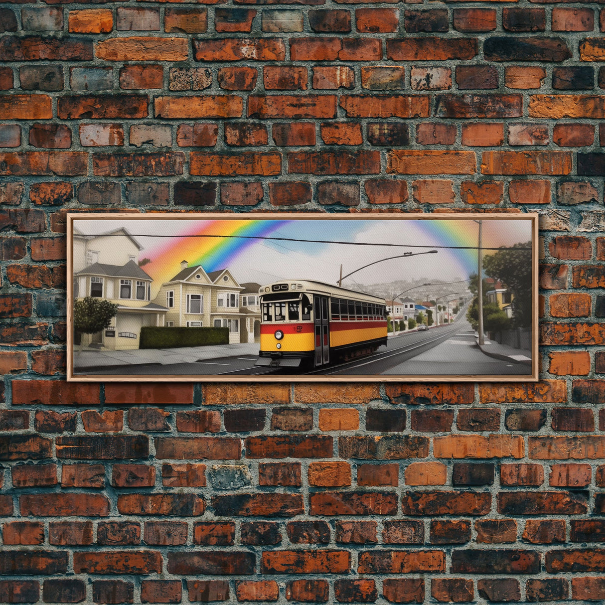 Rainbow Streetcar Canvas Print, Street Wall Decor, Urban Art, Large Canvas Print, Framed Art, Wall Decor, Panoramic, Wall Art, Canvas Print