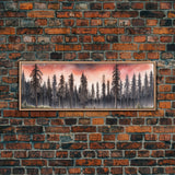 Woods Wall Art, Forest Art Print, Pink Sky, Pine Trees, Framed Canvas Print, Colored Pencil Art, Panoramic, Wall Art, Canvas Print