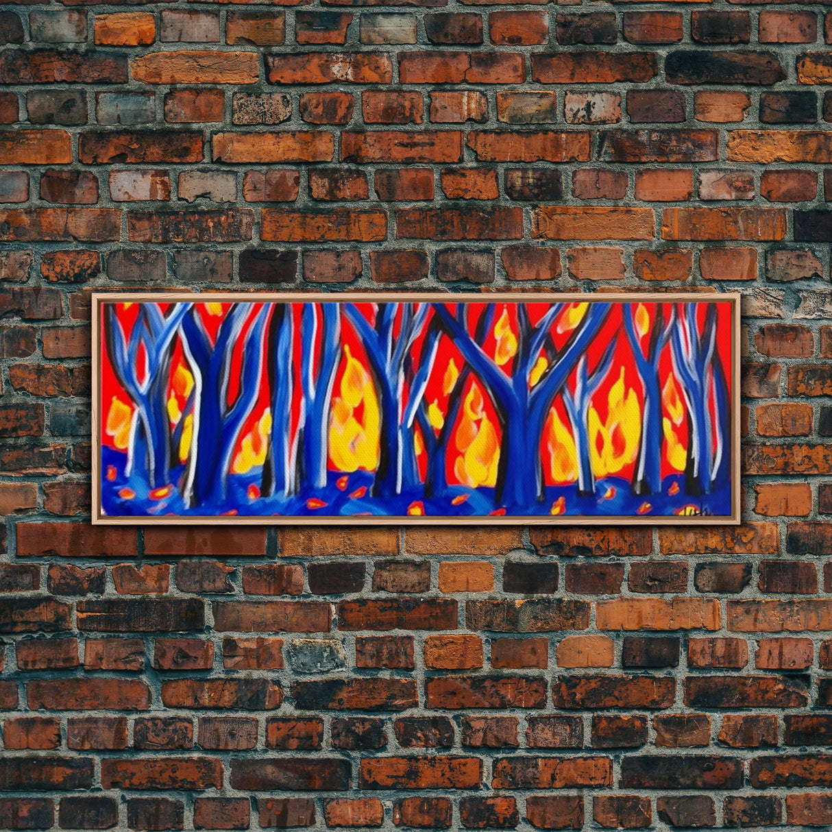 Forest On Fire, Red Flames, Blue Trees, Abstract Forest Art, Canvas Wall Decor, Large Art Print, Panoramic, Wall Art, Canvas Print