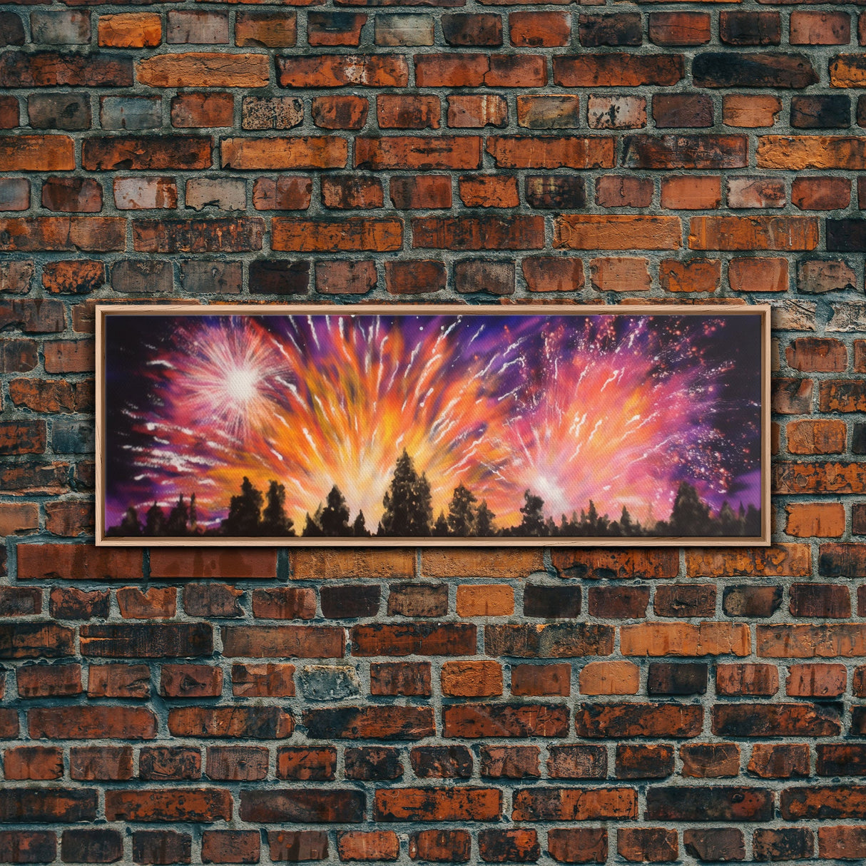 Fireworks Over Forest Canvas Art Print, Woods, Pines Trees, Wall Decor, Framed Large Canvas Print, Panoramic, Wall Art, Canvas Print