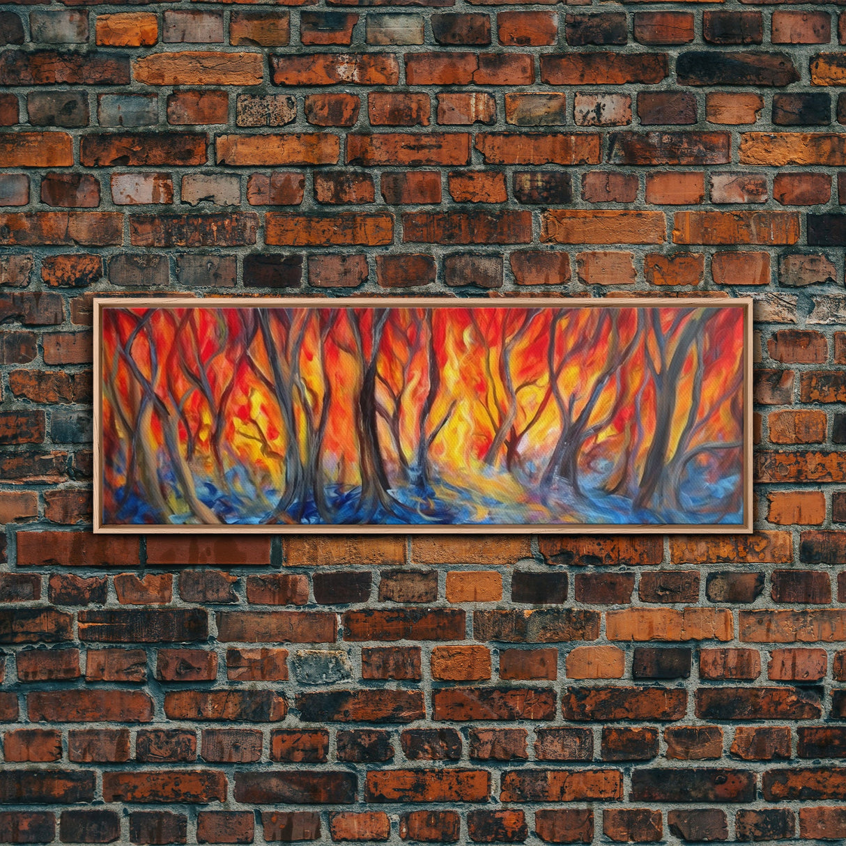 Flames In The Woods Canvas Art Print, Forest Fire, Red Flame, Wall Decor, Framed Large Canvas Print, Panoramic, Wall Art, Canvas Print