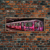 Pink Subway Train Canvas Art Print, Abandoned Train, Graffiti Art, Wall Decor, Large Framed Canvas Print, Panoramic, Wall Art, Canvas Print