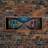 Urban Art Print, Graffiti On Abandoned Subway Train, Teal And Pink, Wall Decor, Large Framed Canvas Print, Panoramic, Wall Art, Canvas Print